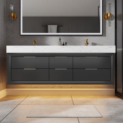 Glam 60" Black Floating Vanity 60 Modern Rubberwood Bathroom Cabinet with Lights and Stone Slab Countertop, Dual Sinks