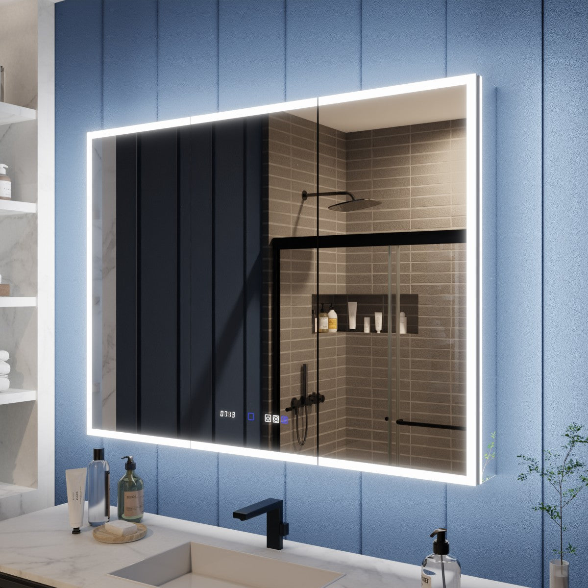 Illusion 48" x 36" LED Lighted Medicine Cabinet with Magnifiers Front and Back Light-with Clock