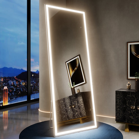 Nivor 75"x28" Dimmable LED Full-Length Floor Framed Mirror with Stand, 3-Color Lights & Wall-Mount Option