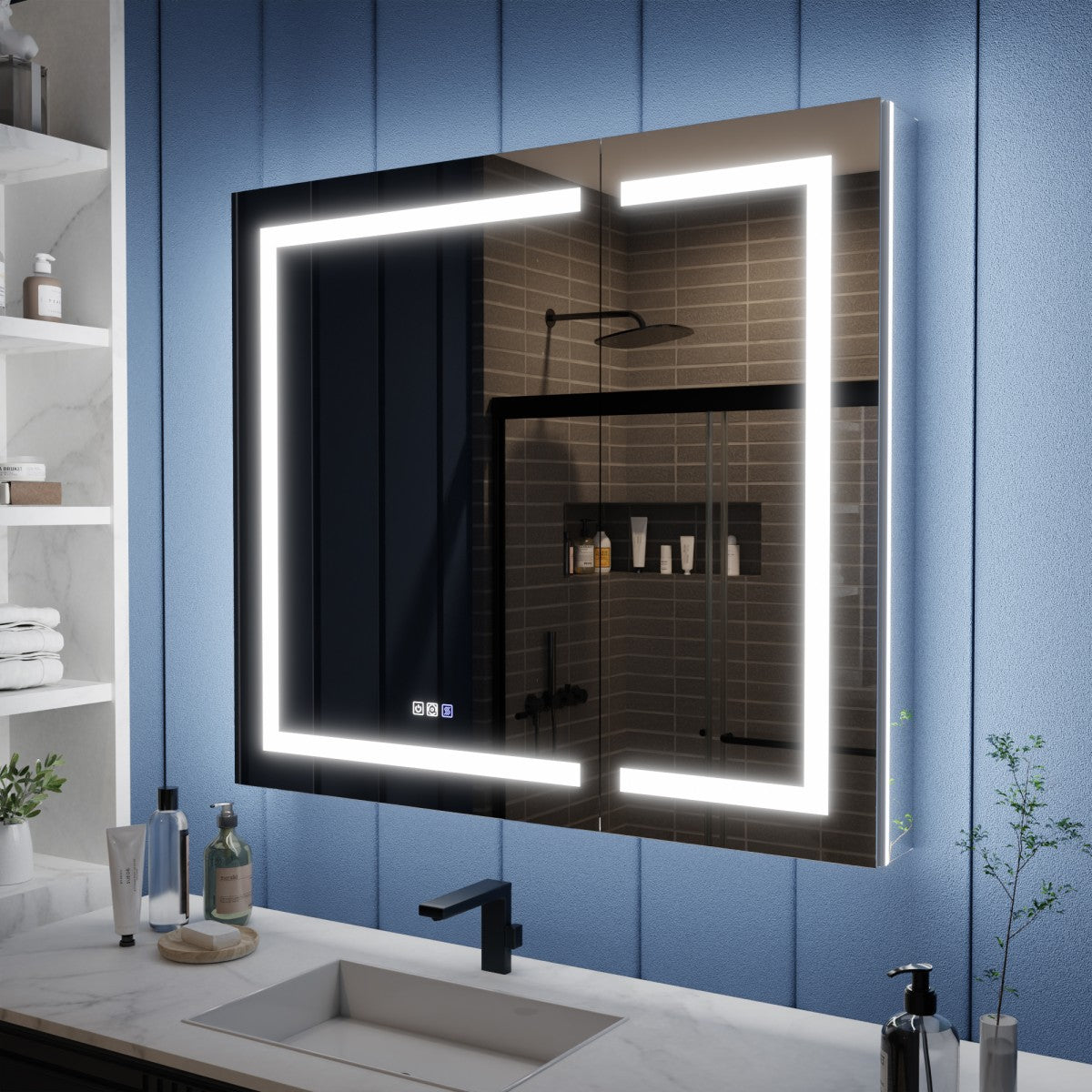 Illusion-B 42" x 36" LED Lighted Inset Mirrored Medicine Cabinet with Magnifiers Front and Back Light