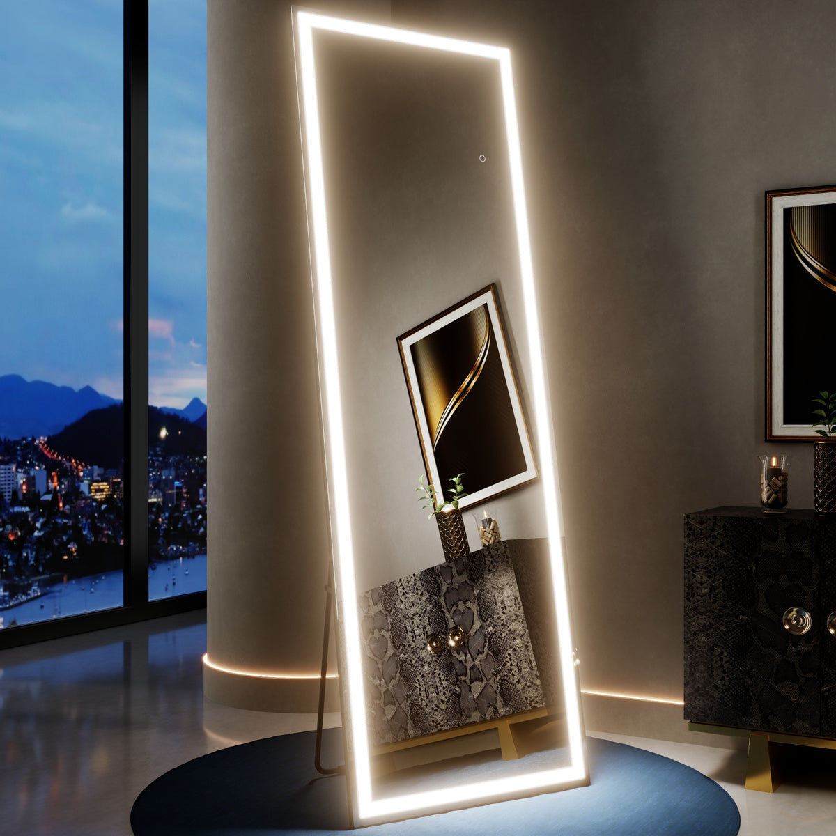 Nivor 67"x22" Dimmable LED Full-Length Floor Framed Mirror with Stand, 3-Color Lights & Wall-Mount Option