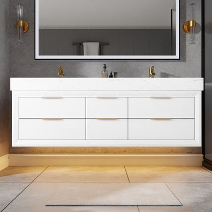 Glam 60" Modern White Vanity 60 with Rubberwood Bathroom Cabinet, Dual Sinks, Lights, and Stone Slab Countertop
