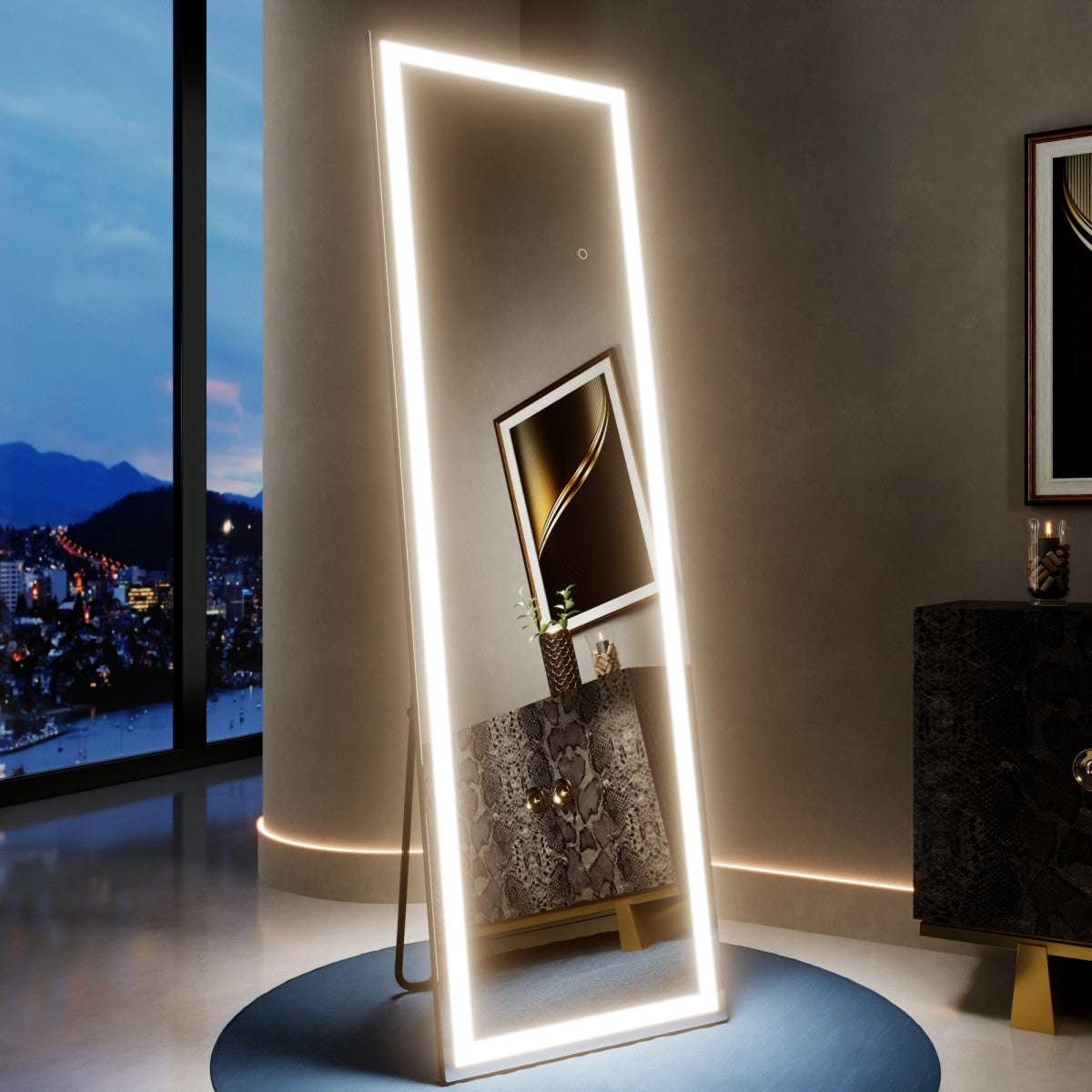 Nivor 34″ × 82″ Dimmable LED Full-Length Floor Mirror with Stand, 3-Color Lights & Wall-Mount Option