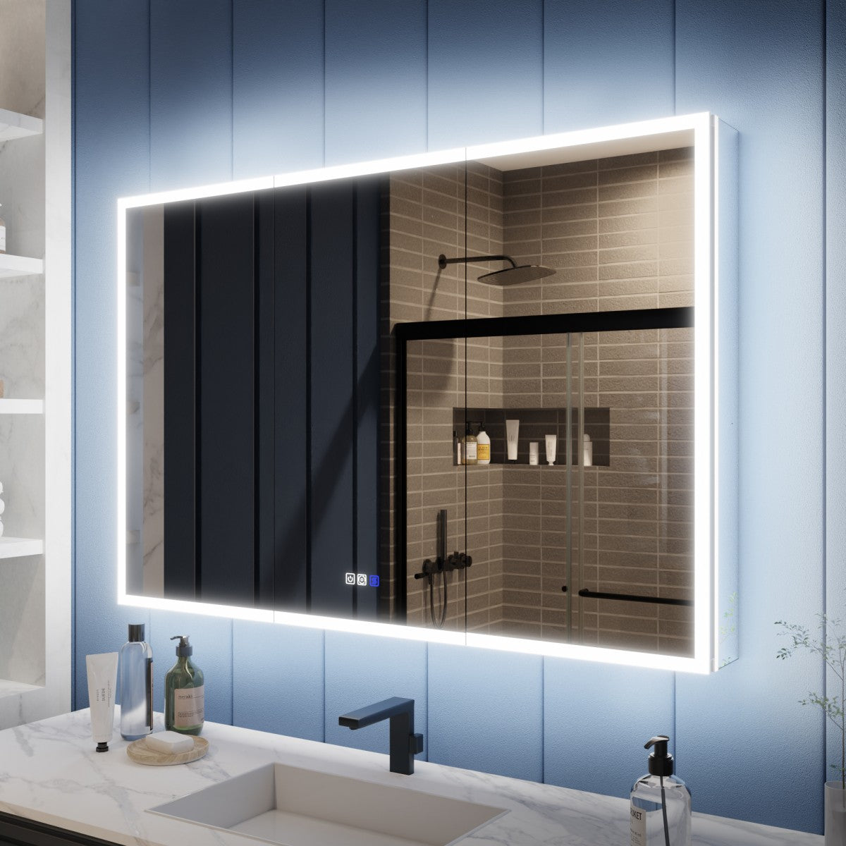 Illusion 48 x 32 inch LED medicine cabinet with backlit mirror in a bathroom scene