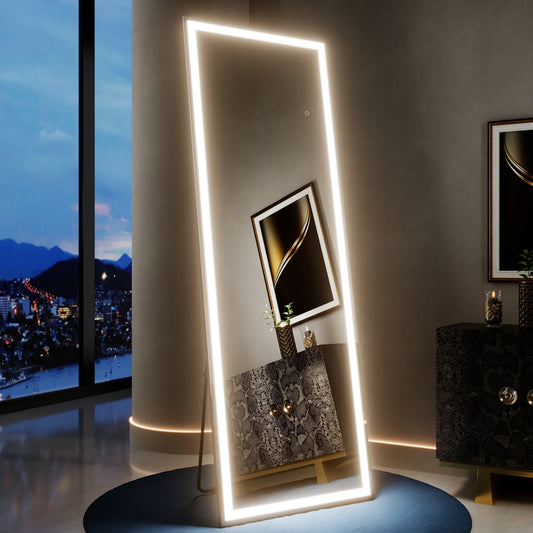 Nivor 65"x22" Dimmable LED Full-Length Floor Framed Mirror with Stand, 3-Color Lights & Wall-Mount Option