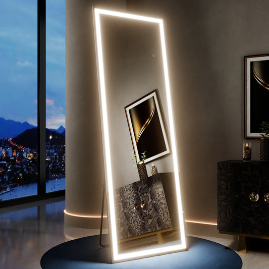 Nivor 64"x21" Dimmable LED Full-Length Floor Framed Mirror with Stand, 3-Color Lights & Wall-Mount Option