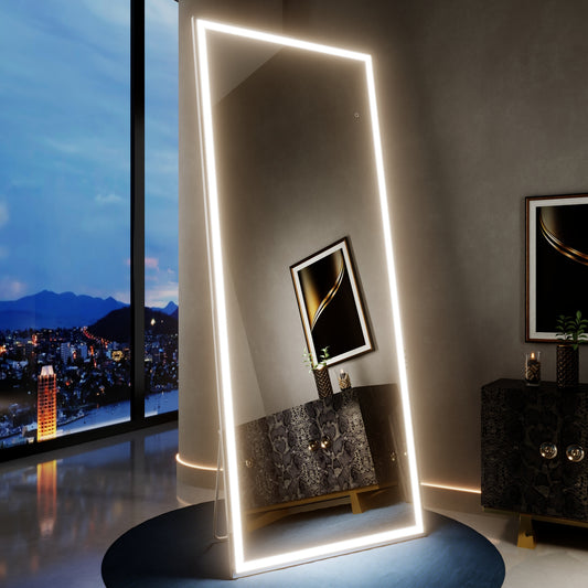 Nivor 80"x32" Dimmable LED Full-Length Floor Framed Mirror with Stand, 3-Color Lights & Wall-Mount Option