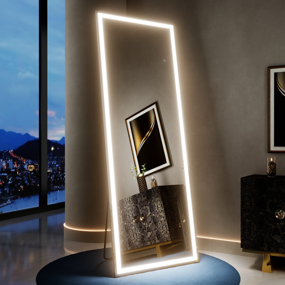 Nivor 67"x24" Dimmable LED Full-Length Floor Framed Mirror with Stand, 3-Color Lights & Wall-Mount Option
