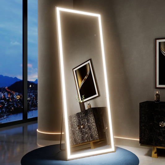 Nivor 67"x24" Dimmable LED Full-Length Floor Framed Mirror with Stand, 3-Color Lights & Wall-Mount Option