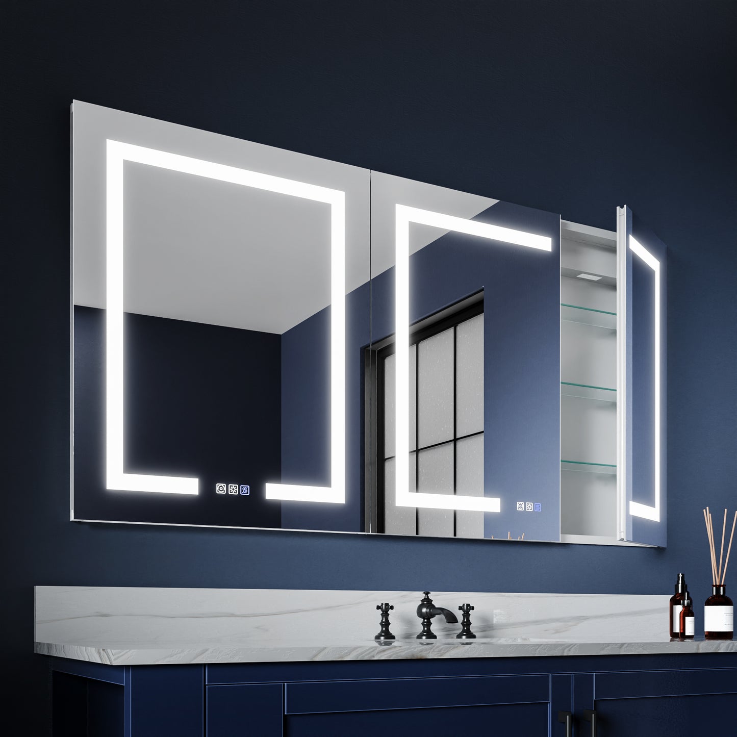 Boost-M1 54" W x 30" H Light Medicine Cabinet Recessed or Surface Mount Aluminum Adjustable Shelves Vanity Mirror Cabinet
