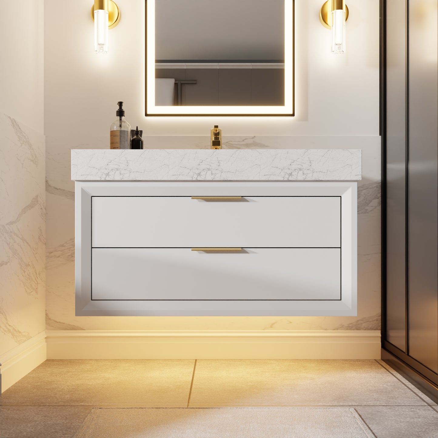 Glam 36" Modern White Bathroom Vanity with Floating Design, Lights, Stone Slab Countertop, and Single Sink
