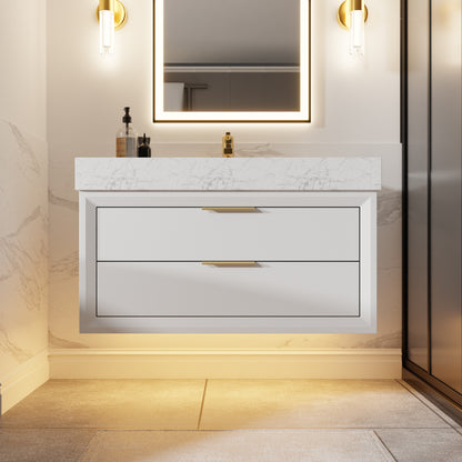 Glam 36" Modern White Bathroom Vanity with Floating Design, Lights, Stone Slab Countertop, and Single Sink