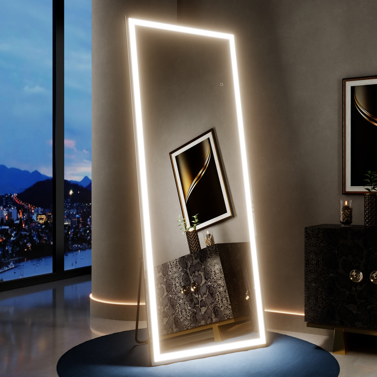 Nivor 63"x24" Dimmable LED Full-Length Floor Framed Mirror with Stand, 3-Color Lights & Wall-Mount Option