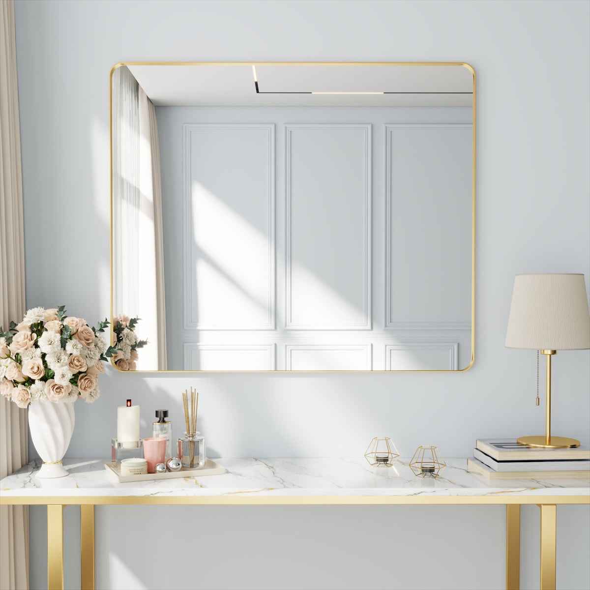 Noir 48" x 40" Gold Framed Rectangular Bathroom Mirror