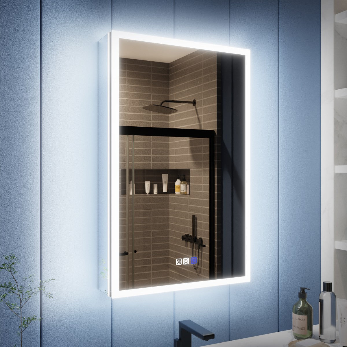 Bathroom mirror with LED lighting reflecting a tiled shower area.
