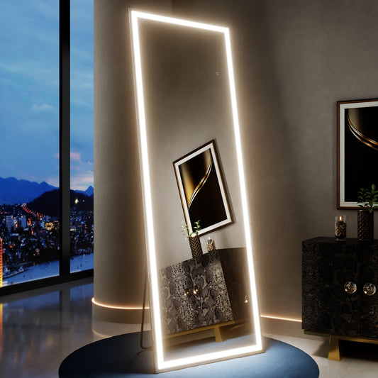 Nivor 71"x24" Dimmable LED Full-Length Floor Framed Mirror with Stand, 3-Color Lights & Wall-Mount Option
