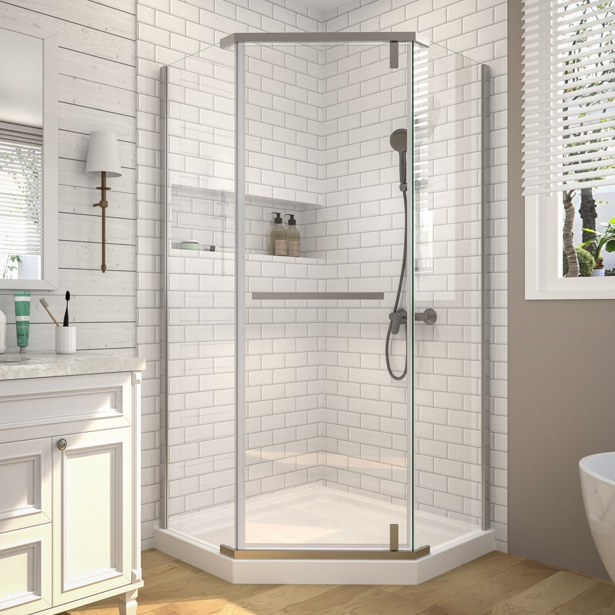 Prism Neo-Angle Frameless Shower Door 38 in. W x 72 in. H Corner Shower Enclosure with 6mm Clear Glass,Pivot Shower Doors,Brushed Nickel