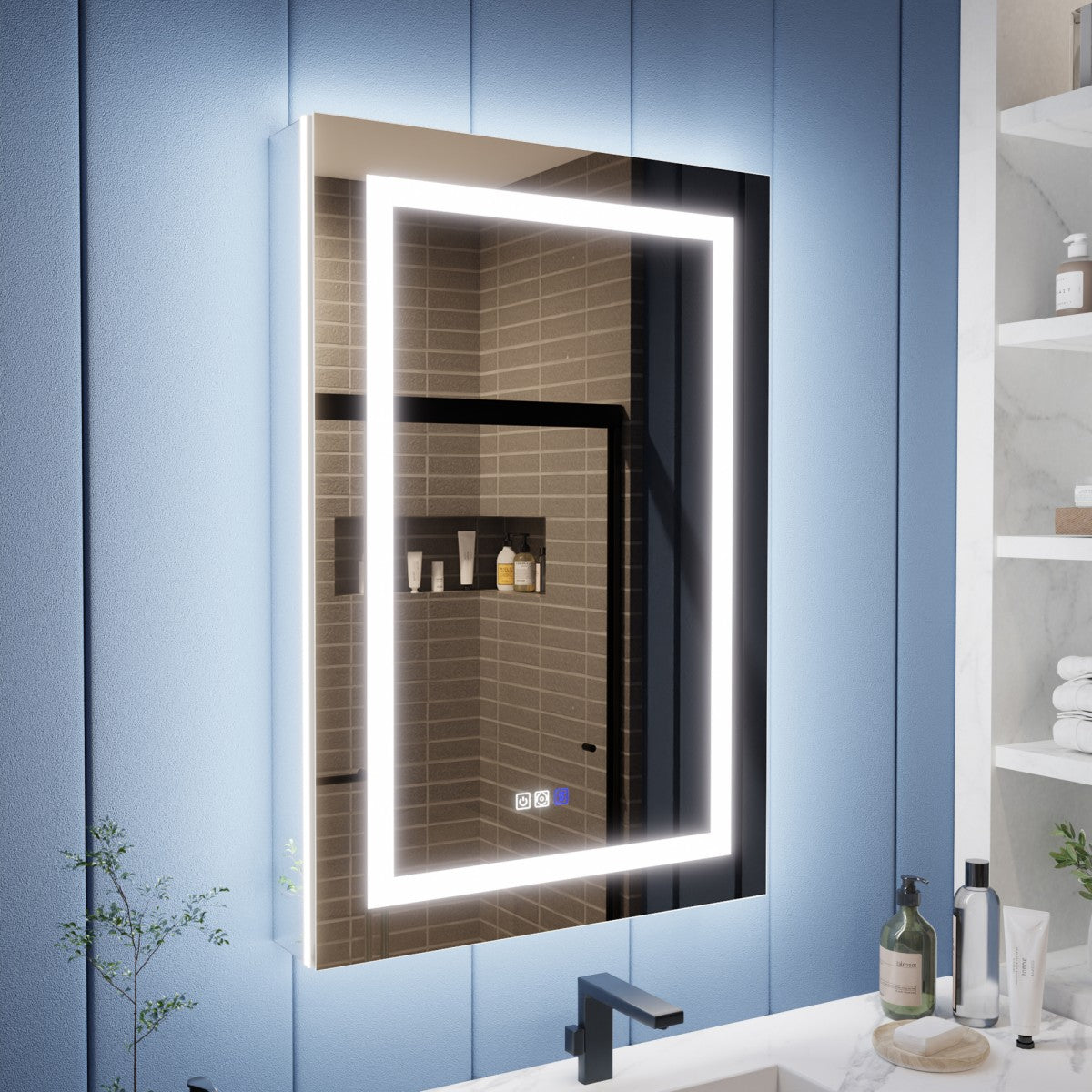 Illusion-B 24" x 36" LED Lighted Inset Mirrored Medicine Cabinet with Magnifiers Front and Back Light, Right Hinge