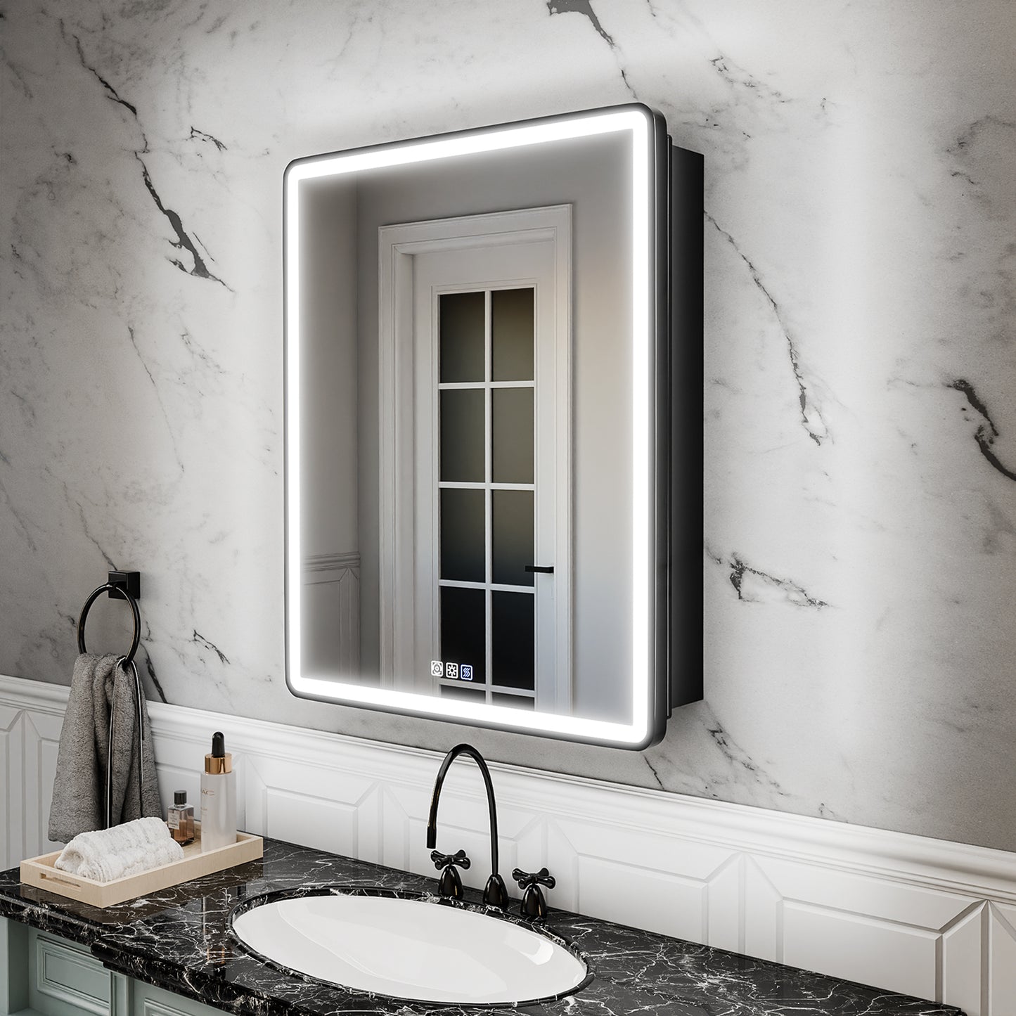 ExBrite 24" W x 30" H Light Medicine Cabinet Recessed or Surface Mount Adjustable Shelves Vanity Mirror Cabinet, Rounded Corner Door with Black Iron Frame, Hinge on the Left - ExBriteUSA