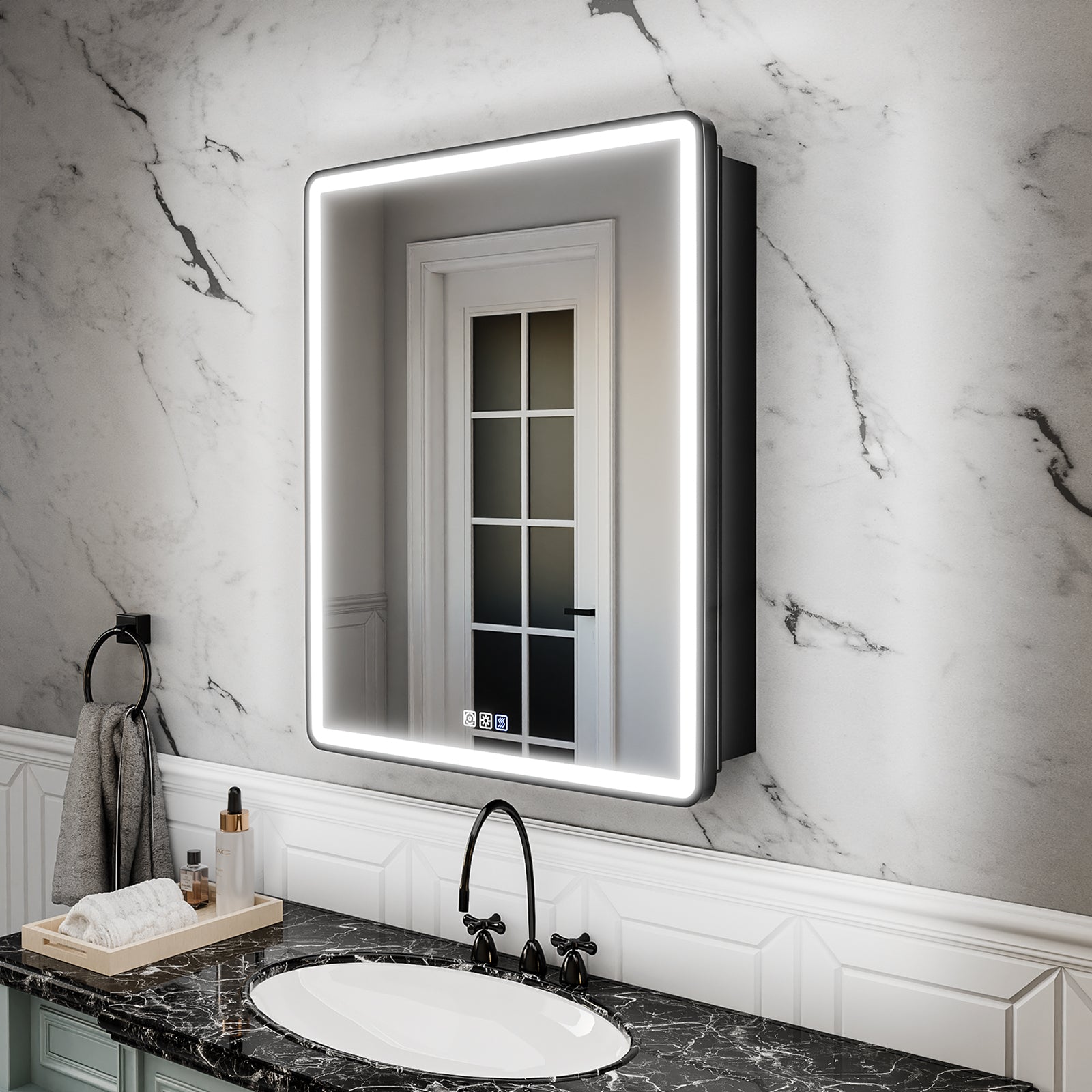 ExBrite 24" W x 30" H Light Medicine Cabinet Recessed or Surface Mount Adjustable Shelves Vanity Mirror Cabinet, Rounded Corner Door with Black Iron Frame, Hinge on the Left - ExBriteUSA