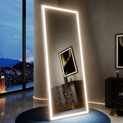 Nivor 71"x28" Dimmable LED Full-Length Floor Framed Mirror with Stand, 3-Color Lights & Wall-Mount Option