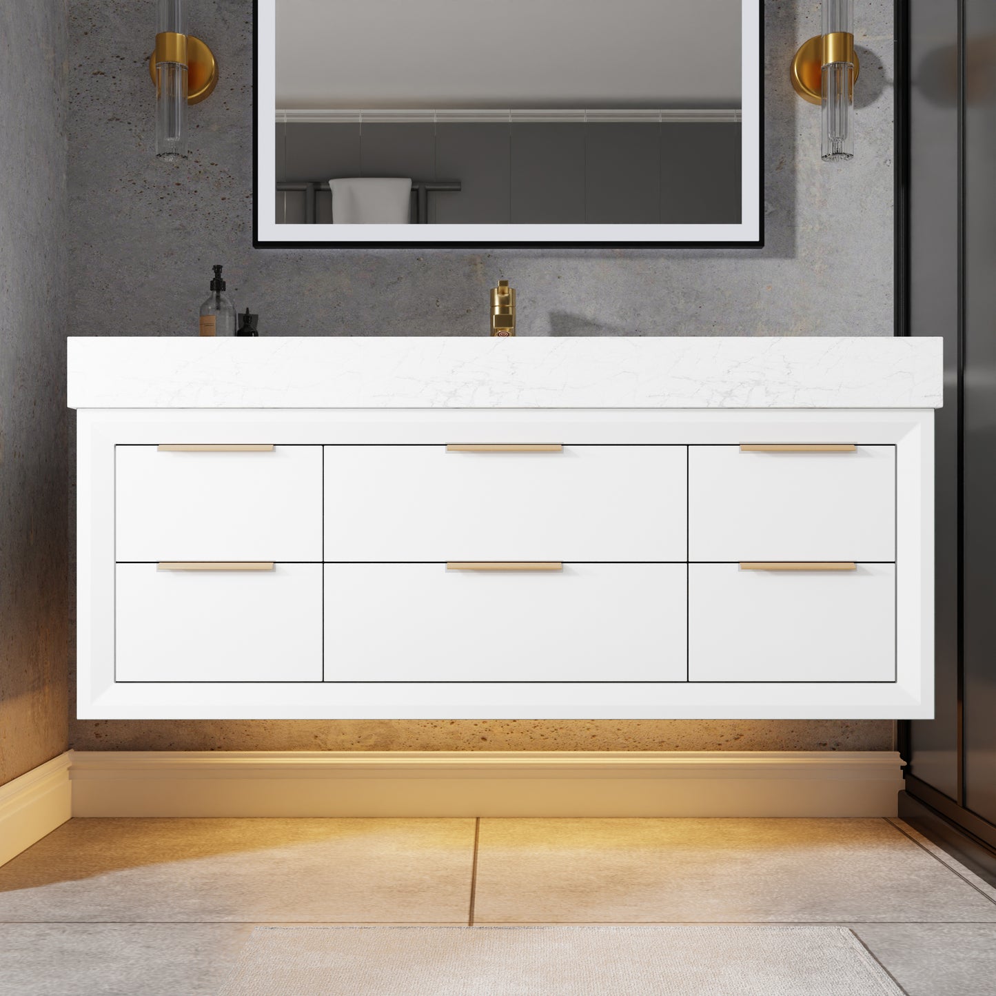 Glam 48" White Floating Bathroom Vanity with Lights and Stone Slab Countertop, Single Sink