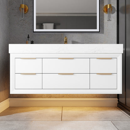 Glam 48" White Floating Bathroom Vanity with Lights and Stone Slab Countertop, Single Sink
