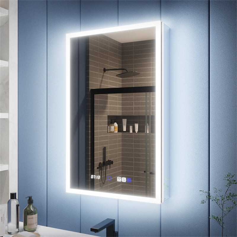 Illusion 20 x 32 inch lighted medicine cabinet installed above a bathroom vanity