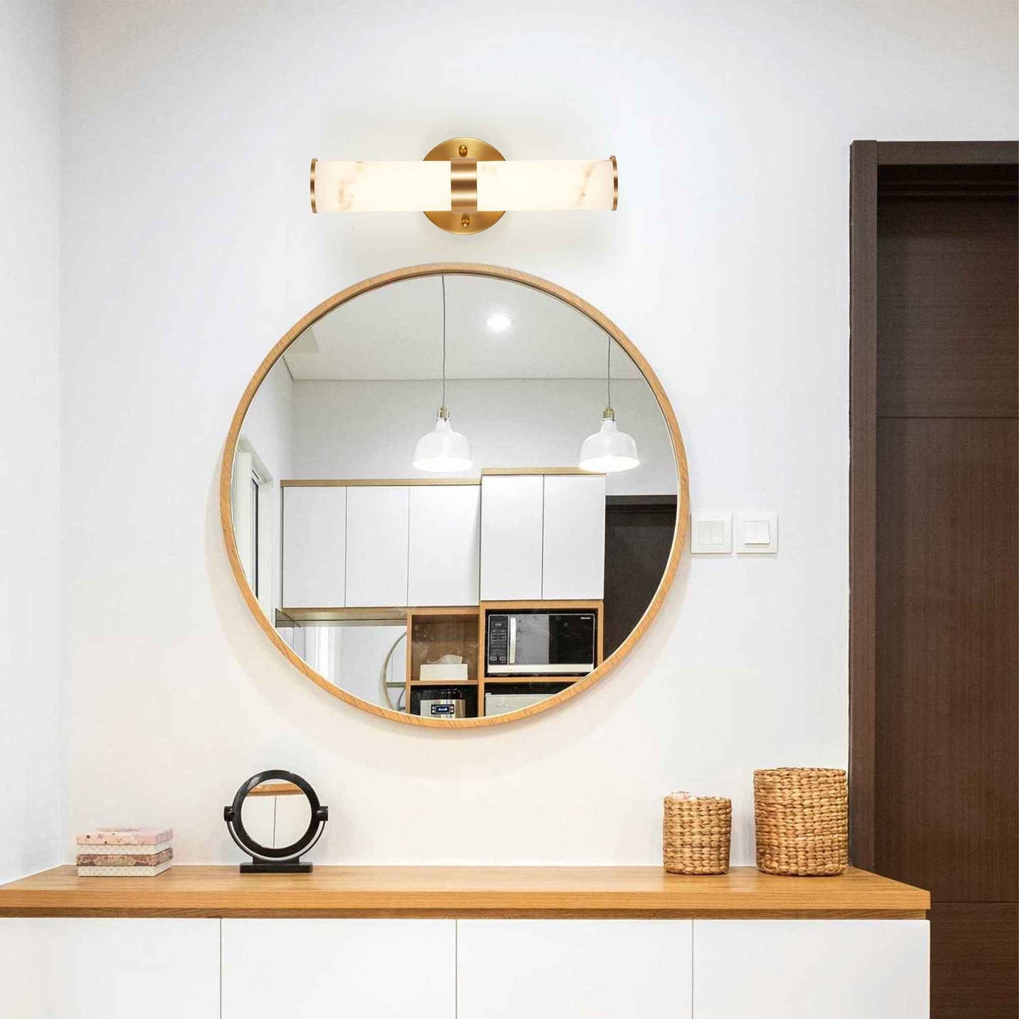 Exbrite Set of 2 Modern Marble-Effect Resin Wall Sconces with Gold Accents – Elegant LED-Compatible Vanity Lights for Bedroom, Living Room & Hallway(Only Inoor)