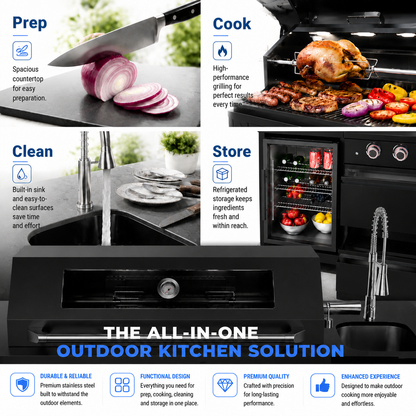 43-Inch 6-Burner 85000 BTU Deluxe Stainless Steel Gas Outdoor Kitchen Bar Barbecue Island Grill + Wine Cooler Compact Refrigerator + Rotisserie kit + Granite Countertops + Stainless steel Sink