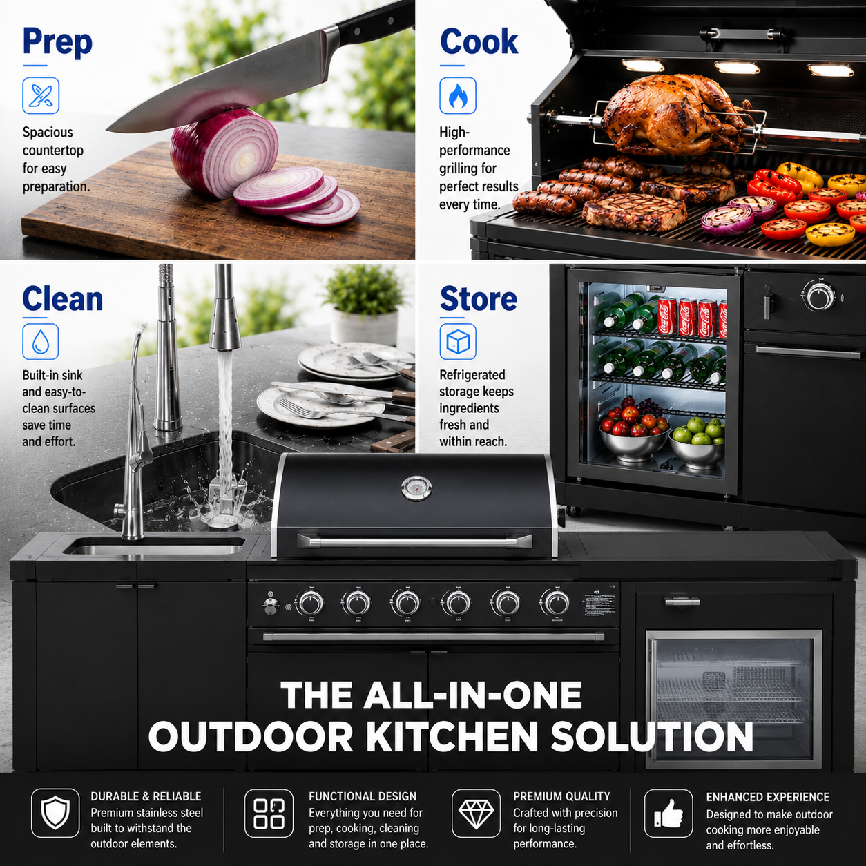 Outdoor Kitchen Island 85.2 Inch 4+1 Burner Propane Gas BBQ Grill 71500 BTU 304 Stainless Steel Black Color With CSA, ETL Certification + Sink + Refrigerator