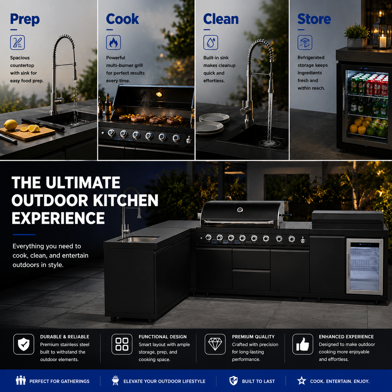Outdoor Kitchen Island 95.8 Inch 6+1 Burner Propane Gas BBQ Grill 95500 BTU 304 Stainless Steel Black Color With CSA, ETL Certification + Sink + Refrigerator + Bar Table