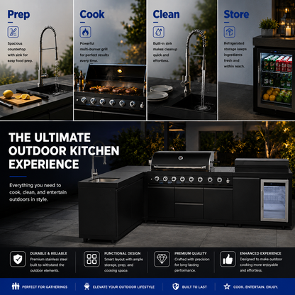 Outdoor Kitchen Island 95.8 Inch 6+1 Burner Propane Gas BBQ Grill 95500 BTU 304 Stainless Steel Black Color With CSA, ETL Certification + Sink + Refrigerator + Bar Table