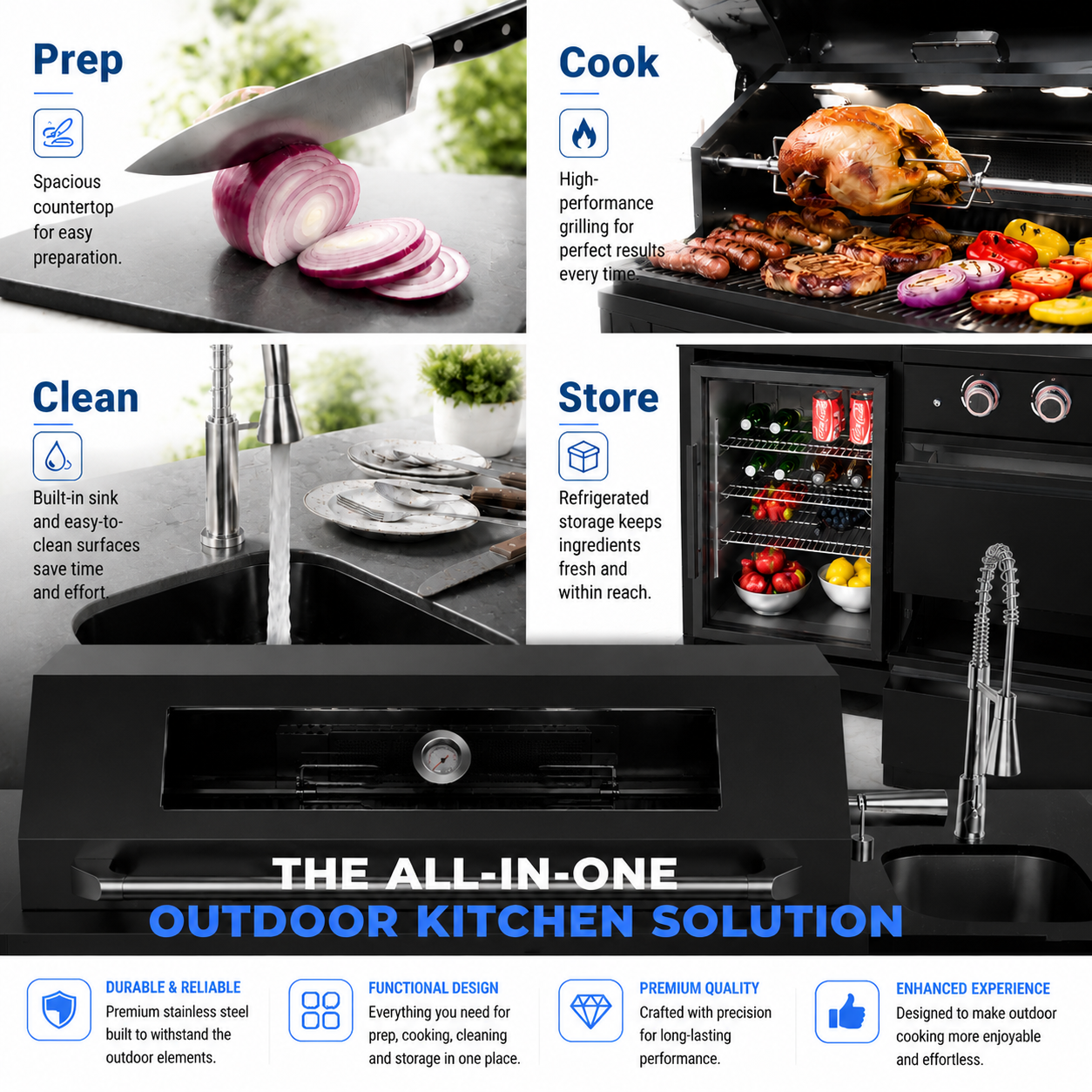 43-Inch 6-Burner 85,000 BTU Stainless Steel Outdoor Kitchen Island Grill with Wine Cooler Refrigerator, Rotisserie Kit, Granite Countertops & Stainless Steel Sink