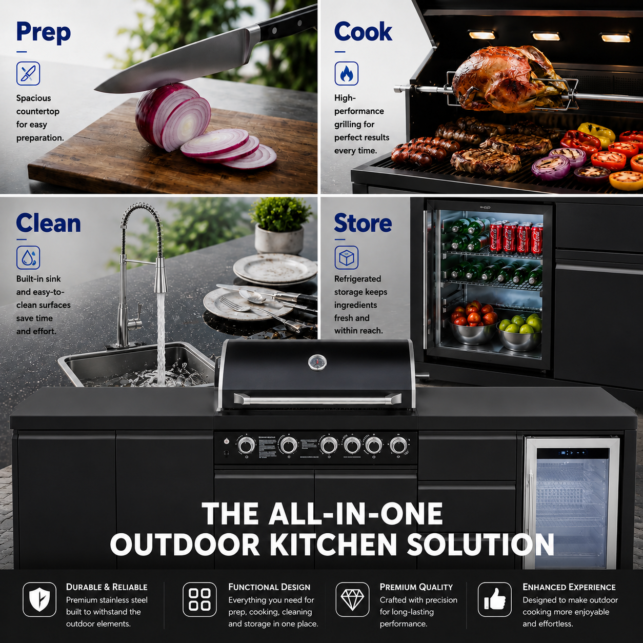 Outdoor Kitchen Island 102.4 Inch 4 Burner Propane Gas BBQ Grill 59500 BTU 304 Stainless Steel Black Color With CSA, ETL Certification + Sink + Refrigerator