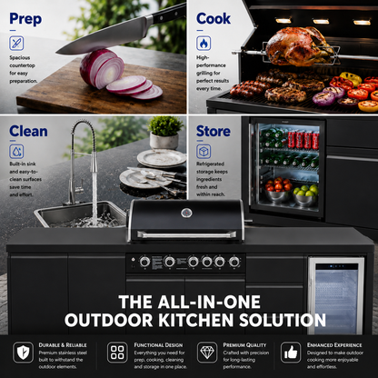 Outdoor Kitchen Island 102.4 Inch 4 Burner Propane Gas BBQ Grill 59500 BTU 304 Stainless Steel Black Color With CSA, ETL Certification + Sink + Refrigerator