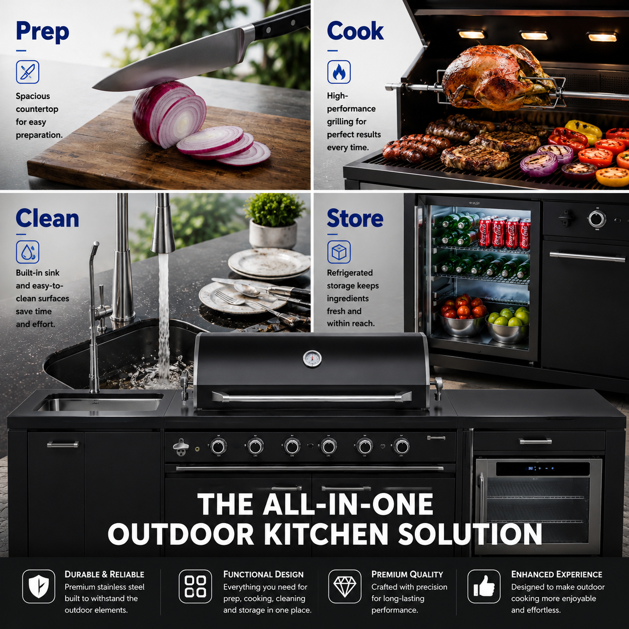 Outdoor Kitchen Island 82.5 Inch 6 Burner Propane Gas BBQ Grill 83500 BTU 304 Stainless Steel Black Color With CSA, ETL Certification + Sink + Refrigerator