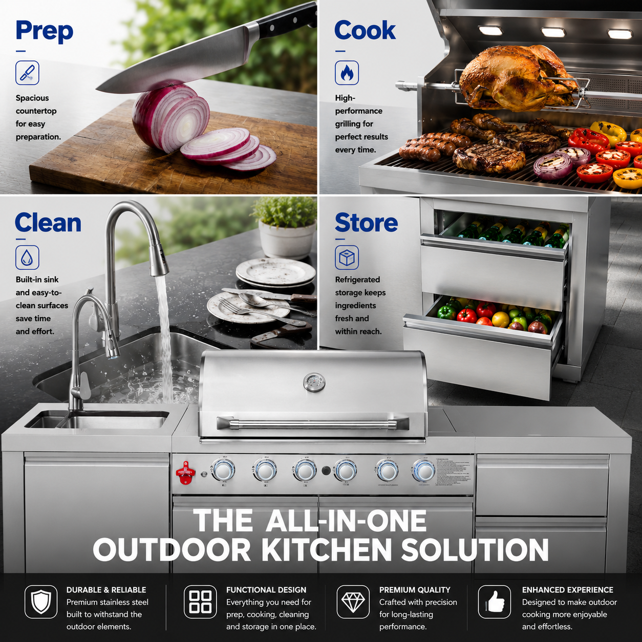 Outdoor Kitchen Island 85.2 Inch 4+1 Burner Propane Gas BBQ Grill 71500 BTU 304 Stainless Steel Silver Color With CSA, ETL Certification + Sink + Refrigerator + Bar Table