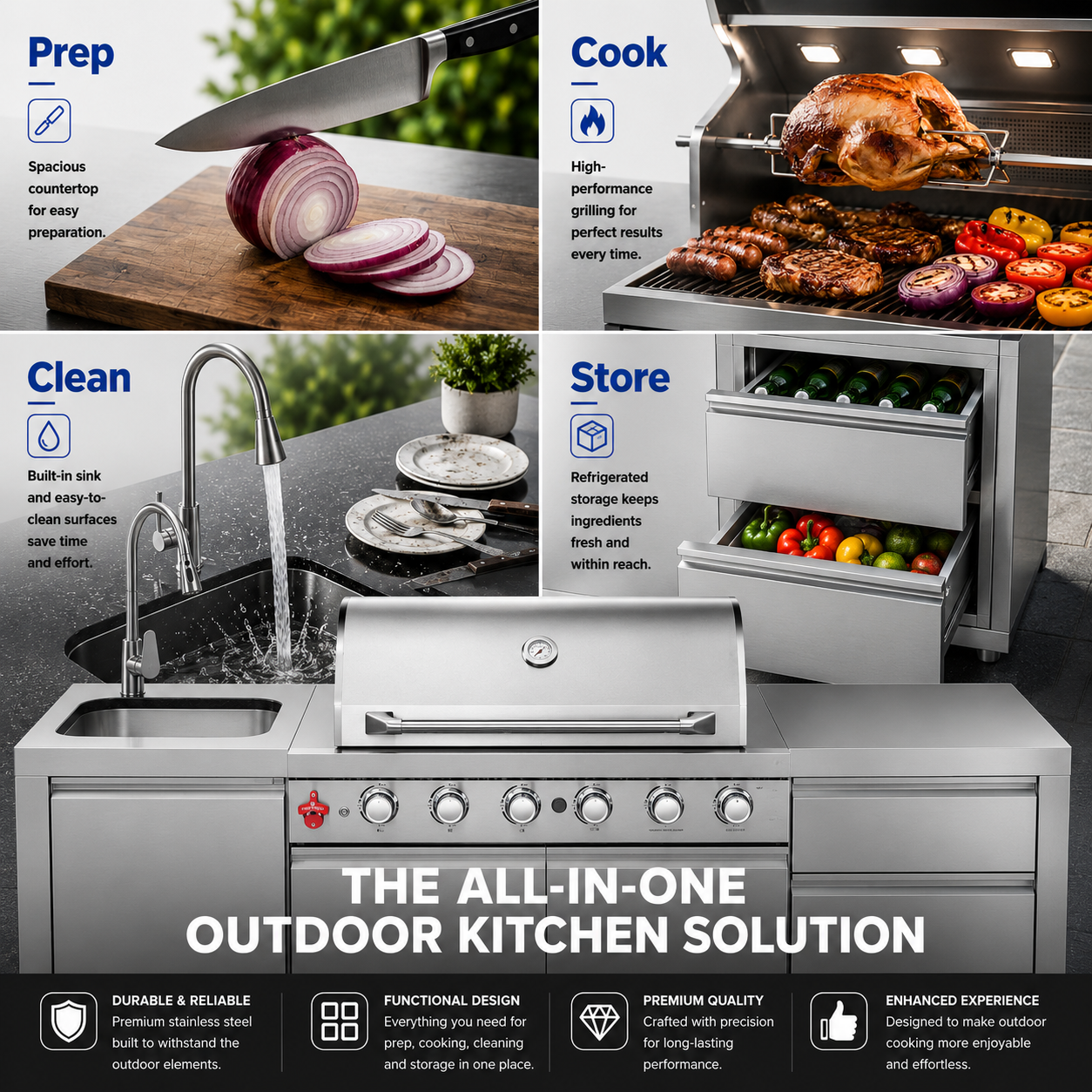 Outdoor Kitchen Island 82.5 Inch 6 Burner Propane Gas BBQ Grill 83500 BTU 304 Stainless Steel Silver Color With CSA, ETL Certification + Sink + Refrigerator