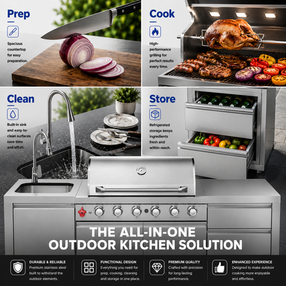 Outdoor Kitchen Island 82.5 Inch 6 Burner Propane Gas BBQ Grill 83500 BTU 304 Stainless Steel Silver Color With CSA, ETL Certification + Sink + Refrigerator