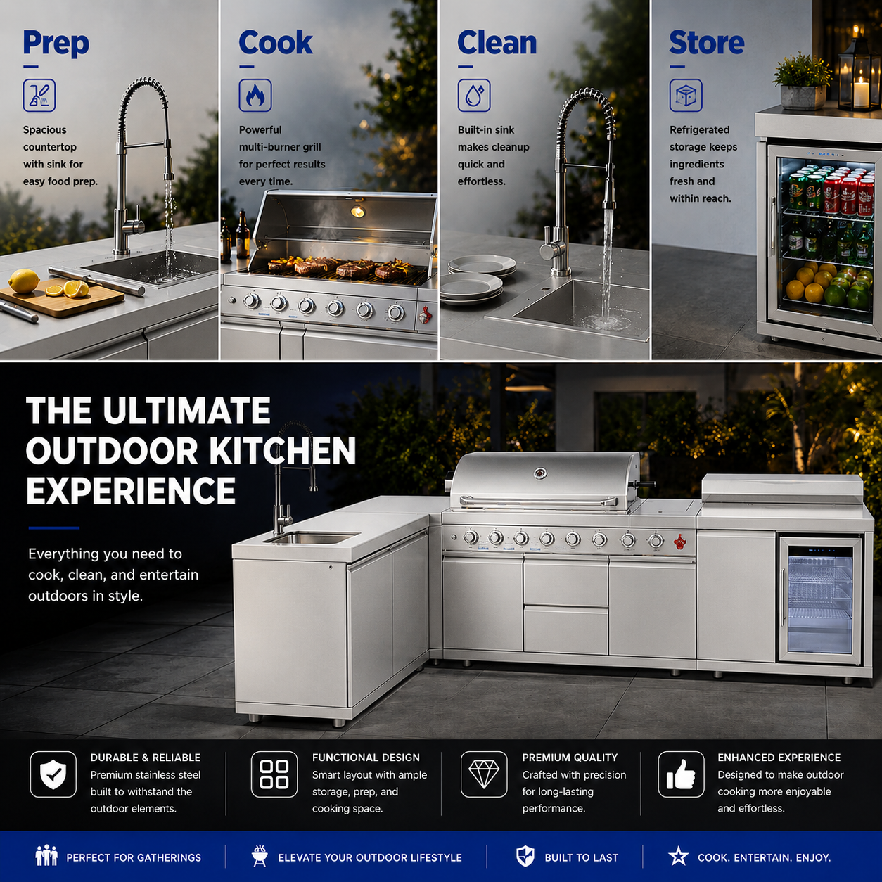 Outdoor Kitchen Island 95.8 Inch 6+1 Burner Propane Gas BBQ Grill 95500 BTU 304 Stainless Steel Silver Color With CSA, ETL Certification + Sink + Refrigerator + Bar Table
