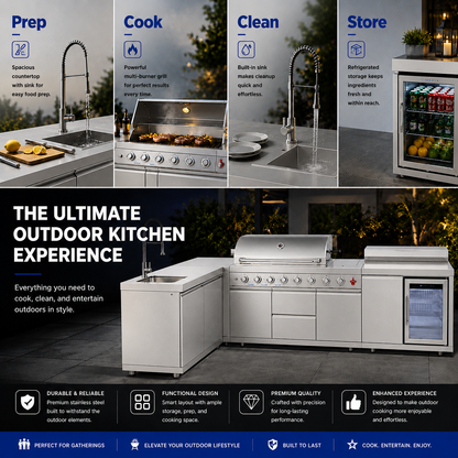 Outdoor Kitchen Island 95.8 Inch 6+1 Burner Propane Gas BBQ Grill 95500 BTU 304 Stainless Steel Silver Color With CSA, ETL Certification + Sink + Refrigerator + Bar Table