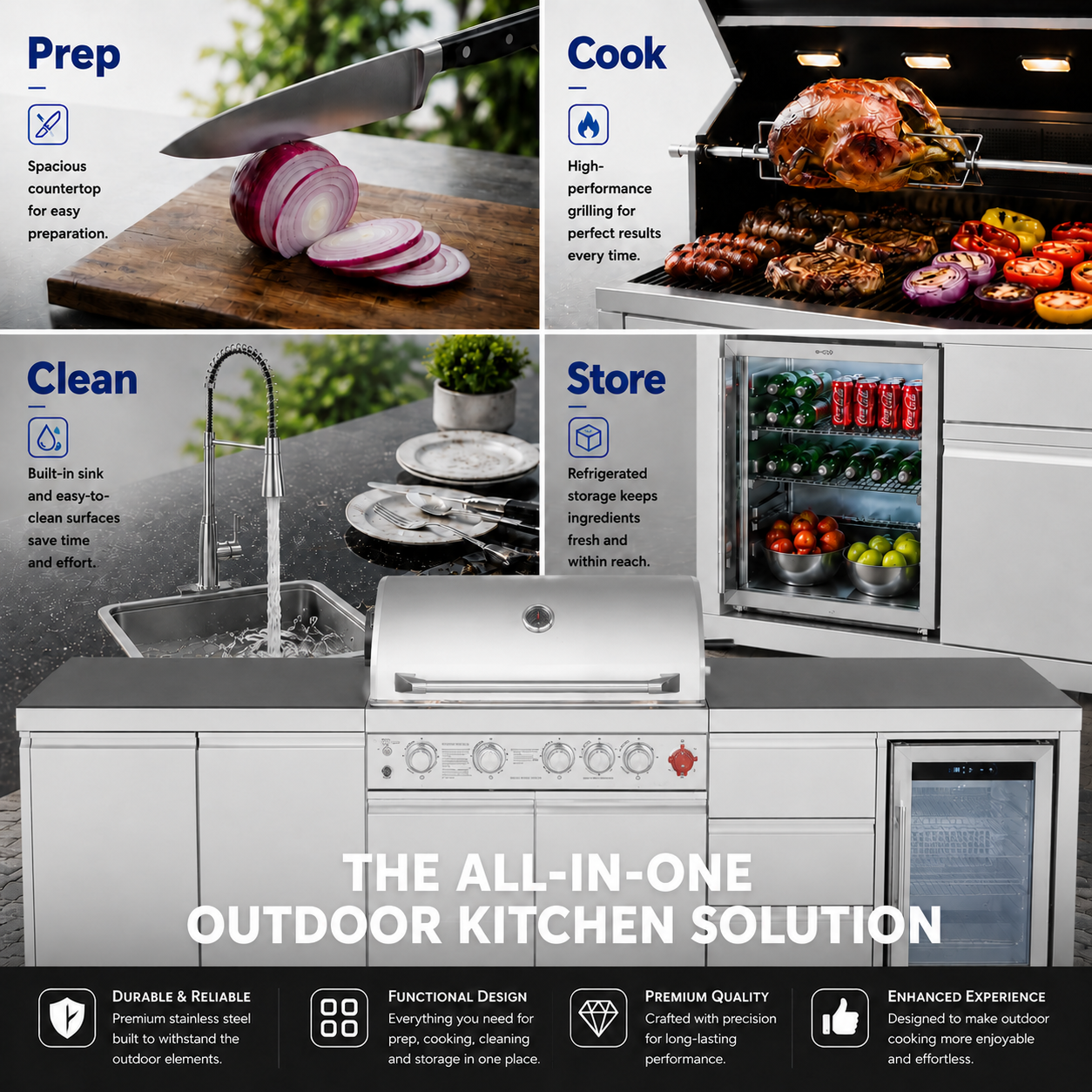 Outdoor Kitchen Island 102.4 Inch 4 Burner Propane Gas BBQ Grill 59500 BTU 304 Stainless Steel Silver Color With CSA, ETL Certification + Sink + Refrigerator