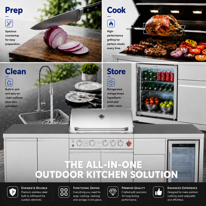 Outdoor Kitchen Island 102.4 Inch 4 Burner Propane Gas BBQ Grill 59500 BTU 304 Stainless Steel Silver Color With CSA, ETL Certification + Sink + Refrigerator