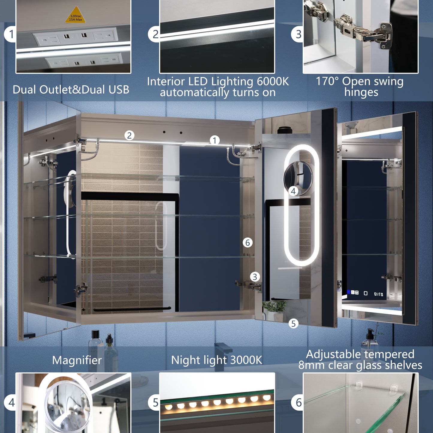 Illusion 48" x 36" LED Lighted Medicine Cabinet with Magnifiers Front and Back Light
