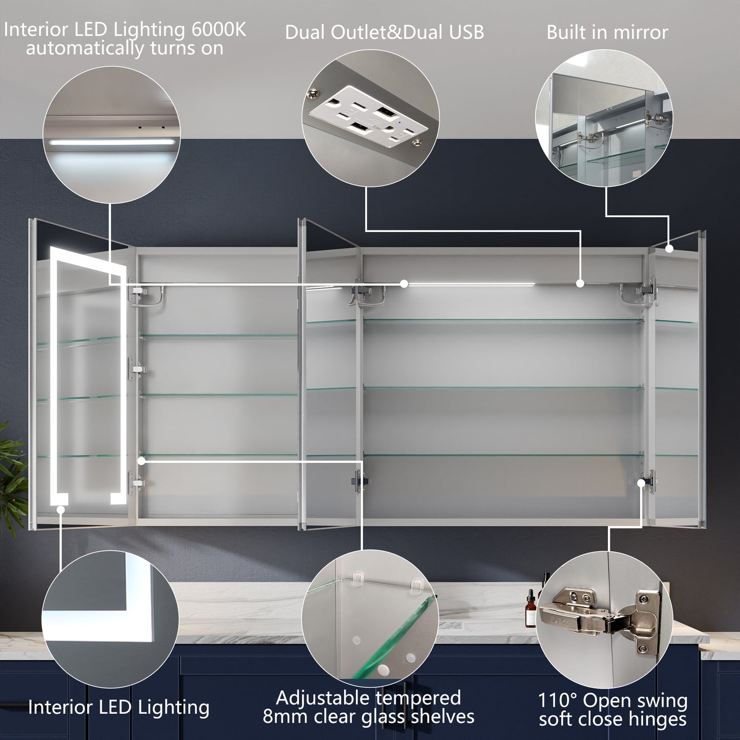 Boost-M1 54" W x 30" H Light Medicine Cabinet Recessed or Surface Mount Aluminum Adjustable Shelves Vanity Mirror Cabinet