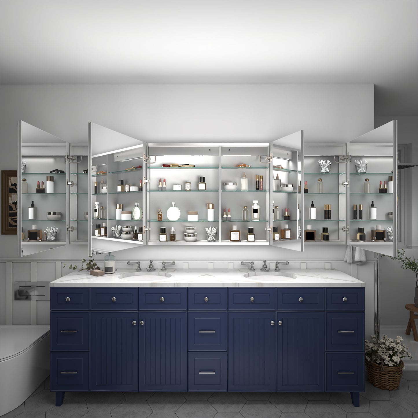 Rim 88" W x 32" H LED Lighted Medicine Cabinet Recessed or Surface with Mirrors
