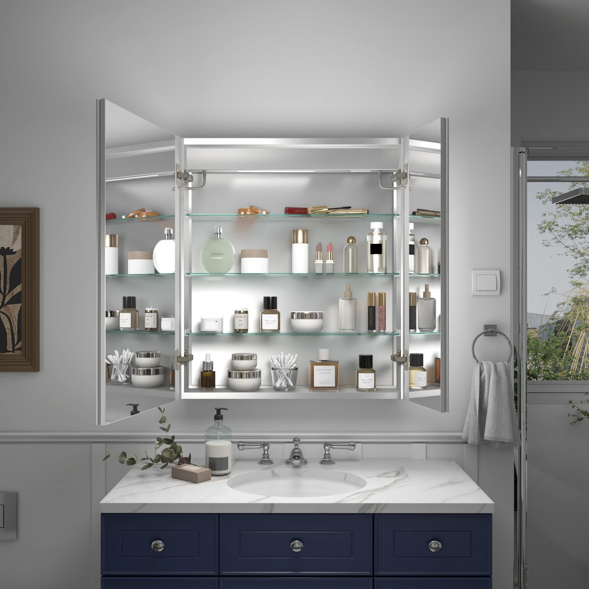 Rim 32 Inch Medicine Cabinet with LED Lights - 28" W x 32" H Recessed or Surface Mount with Mirrors