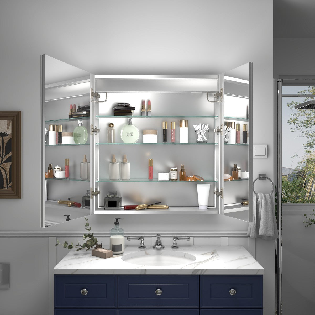 Rim 30 x 32 inch medicine cabinet with open mirrored door and interior storage
