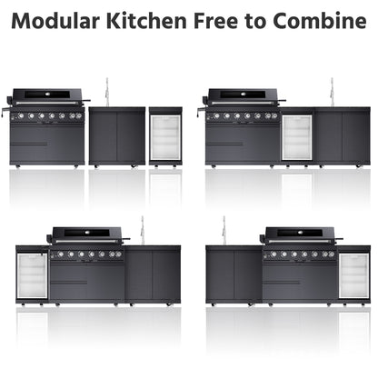 43-Inch 6-Burner 85000 BTU Deluxe Stainless Steel Gas Outdoor Kitchen Bar Barbecue Island Grill + Wine Cooler Compact Refrigerator + Rotisserie kit + Granite Countertops + Stainless steel Sink